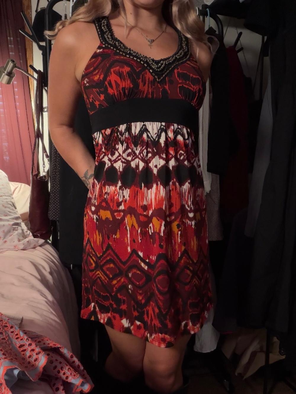 Wrapper y2k black and red patterned beaded halter mini dress